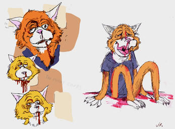 anthro blood blood_from_mouth blood_in_mouth blood_on_face blood_puddle blue_clothing blue_shirt blue_topwear bodily_fluids broken_nose clothed clothing derp_eyes fangs fur male nosebleed open_mouth orange_body orange_fur pink_inner_ear pink_nose pink_tongue shirt sitting solo teeth text tongue topwear white_body white_fur wounded justrightpup too_many_cooks smarf domestic_cat felid feline felis mammal 2015 colored_sketch copyright_name digital_drawing_(artwork) digital_media_(artwork) shaded sketch sketch_page