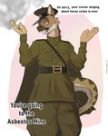 anthro beak belt cape cigarette cigarette_smoke clothed clothing dialogue fangs forked_tongue hat headgear headwear humor lizard_tail male military military_cap military_uniform russian smoke solo soviet_union teeth text tongue uniform mangoyena european_mythology mythology avian cockatrice mythological_avian mythological_creature mythological_scalie scalie hi_res