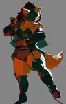 anthro bottomwear clothed clothing dress female fingerless_gloves fur gloves hair handwear hexley_fox hotpants legwear light mask on_one_leg rope short_dress shorts solo standing tail thick_tail thick_thighs thigh_highs greenpolygon canid canine fox mammal 2023 absurd_res digital_media_(artwork) guide_lines hi_res krita_(artwork) lighting shaded