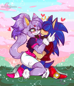 anthro blue_body blue_fur blush clothing cloud cloudy_sky duo ear_blush eyelashes female fluffy fluffy_tail footwear fur gloves grass hair hand_on_hip handwear heart_symbol hug hugging_another inner_ear_fluff kissing kissing_cheek love male male/female nuzzling plant ponytail purple_body purple_fur purple_hair quills_(anatomy) romantic romantic_ambiance romantic_couple shoes sky smile sparkles tail tuft wide_hips yellow_eyes angelitaracoohn sega sonic_the_hedgehog_(series) blaze_the_cat sonic_the_hedgehog eulipotyphlan felid feline hedgehog mammal hi_res