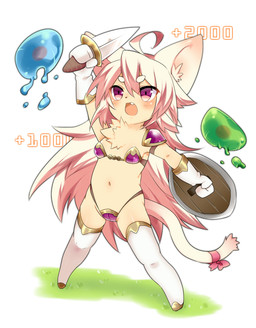 accessory amoeba anthro female furgonomics kemono melee_weapon navel open_mouth ribbons shield simple_background solo standing sword tail tail_accessory tail_ribbon weapon white_background young mofuaki domestic_cat felid feline felis mammal 2012