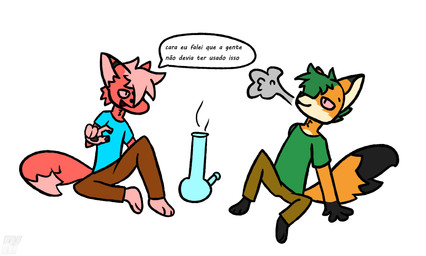 anthro bong clotched clothed clothing drug_usage drugged drugs duo fur green_hair hair male orange_body orange_fur pawpads paws red_body red_eyes red_fur simple_background smile smoke smoking substance_intoxication tail text rahony feon canid canine fox mammal absurd_res digital_media_(artwork) hi_res paint_tool_sai_(artwork) portuguese_description portuguese_text translated