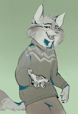 anthro bottomwear clothed clothing ear_tuft fangs fur green_background male pants pawpads simple_background solo sweater teeth topwear tuft whiskers yellow_eyes osse1n disney zootopia pawbert_lynxley felid feline lynx mammal 2025 digital_media_(artwork) hi_res restricted_palette
