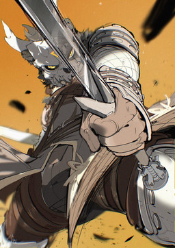 anthro armor biped black_body black_fur bone bone_mask brown_clothing brown_gloves brown_handwear clothed clothed_anthro clothed_male clothing foreshortening frown fully_clothed fully_clothed_anthro fully_clothed_male fur furrowed_eyebrows gloves handwear holding_melee_weapon holding_object holding_sword holding_weapon looking_at_viewer looking_down looking_down_at_viewer low-angle_view male mask melee_weapon pupils ringed_iris scowl simple_background skull skull_mask slit_pupils snout solo sword teeth weapon white_sclera yellow_background yellow_eyes yellow_pupils chiayeeee canid mammal 2026 chromatic_aberration digital_drawing_(artwork) digital_media_(artwork) hi_res portrait signature three-quarter_portrait