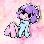 anthro bottomless clothed clothing ears_down female floating hair oversized_clothing pink_background pink_body pivoted_ears purple_body purple_hair simple_background solo sparkles spots conditional_dnp muffinlewds kellytoy squishmallows bovid bovine cattle mammal 1:1 hi_res