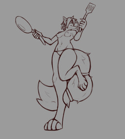 accessory anthro casual_nudity clothed clothing cookware erect_nipples female fluffy fluffy_hair fluffy_tail frying_pan furgonomics hair holding_frying_pan holding_object holding_spatula holding_tool humanoid_hands inner_ear_fluff kitchen_utensils low-angle_view medium_hair navel nipples on_one_leg panties solo spatula standing tail tail_accessory tailband tools topless topless_anthro topless_female tuft underwear dansharkman 2026 digital_drawing_(artwork) digital_media_(artwork) english_description hi_res sketch