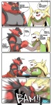 anthro arm_wrestling dialogue duo eyes_closed gesture handshake male muscular open_mouth smile speech_bubble text hisashino nintendo pokemon chesnaught felid generation_6_pokemon generation_7_pokemon incineroar mammal pokemon_(species) 1:2 2016 comic english_text