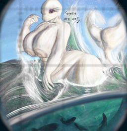 areola big_areola big_breasts big_tail breasts dialogue eyelashes female freckles lidded_eyes long_eyelashes looking_at_viewer sea solo submarine swimming tail thick_thighs vehicle water watercraft alostcarolean aquatic beluga cetacean fish humanoid mammal monodontid toothed_whale absurd_res hi_res huge_filesize