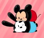 ambiguous_gender blush duo feral fleischer_style_toon long_ears lying on_back one_eye_closed pattern_background pink_background round_ears simple_background striped_background toony wink shiawase_usagi disney tsum_tsum mickey_mouse oswald_the_lucky_rabbit lagomorph leporid mammal mouse murid murine rabbit rodent 2017 digital_media_(artwork)