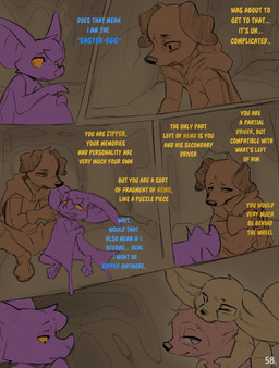 anthro blue_text cloak clothed clothing comic_panel dialogue eyewear glasses purple_body text yellow_text conditional_dnp dacad nemo_(dacad) tyler_(dacad) zipper_(dacad) bat canid canine domestic_ferret fox mammal mustelid musteline true_musteline weasel comic english_text hi_res restricted_palette