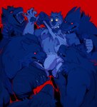 anthro big_bulge blush bodily_fluids bottomwear bottomwear_down bulge bulge_lick clothed clothing genital_fluids group holding_another licking licking_another male male/male nipples pants pants_down partially_clothed precum precum_through_clothing precum_through_underwear red_background red_eyes ripping_shirt shirt simple_background surrounded teeth tongue topwear torn_clothing torn_shirt torn_topwear underwear undressing wet wet_clothing noirenard mythology rory_(noirenard) canid canine mammal mythological_canine mythological_creature werecanid werecanine werecreature werewolf hi_res