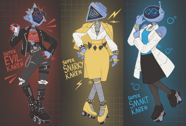4_fingers antennae_(anatomy) bandage bandaged_arm belt blue_clothing bottomwear bracelet chain claws clock clothing coat crt digit_ring dress evil_face eyewear female fingers for_a_head gesture glasses group hand_gesture handwear headgear headwear jacket jewelry lab_coat logo machine necklace pants pose red_clothing screen screen_face simple_background smile snarky text topwear torn_bottomwear torn_clothing torn_pants trio watch yellow_clothing yellow_dress auveiss nickelodeon plankton:_the_movie spongebob_squarepants super_evil_karen super_smart_karen super_snarky_karen humanoid object_head robot screen_head 2025 absurd_res artist_logo artist_name character_name digital_drawing_(artwork) digital_media_(artwork) hi_res signature
