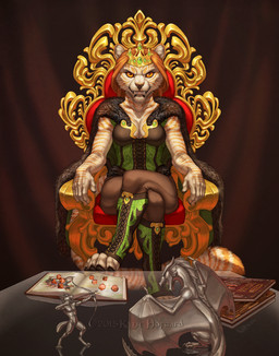 4_toes 5_fingers anthro black_stripes chair claws clothed clothing crown d4 d8 dice digitigrade feet female fingers fur furniture headgear horn looking_at_viewer membrane_(anatomy) membranous_wings orange_eyes scales smile spines striped_body striped_fur stripes tail teeth throne tiara toes wings katie_hofgard dungeons_and_dragons european_mythology hasbro mythology wizards_of_the_coast dragon felid mammal mythological_creature mythological_scalie pantherine scalie tiger western_dragon 2015 digital_media_(artwork) hi_res