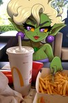 beverage blonde_hair breasts cleavage clothed clothing ear_piercing ear_ring fangs female food fries goblin green_body green_skin hair halle_the_goblin hi_res humanoid jewelry lips mcdonald's necklace photo_background photography_(artwork) piercing pink_lips purple_eyes ring_piercing simmsyboy smile soda teeth yellow_sclera