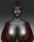 anthro big_breasts black_body black_skin breasts clothing female looking_at_viewer muscular muscular_anthro nipple_piercing nipples piercing red_eyes simple_background solo tattoo alester_nibras yetzer_hara annelid demon jinn leech absurd_res digital_media_(artwork) hi_res