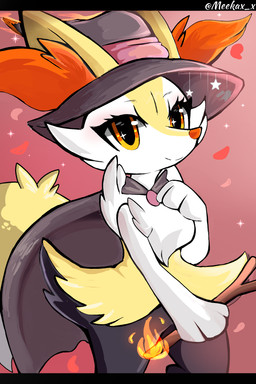 3_fingers ambiguous_anthro ambiguous_gender anthro biped black_body black_cape black_clothing black_fur black_hat black_headwear cape closed_smile clothing digitigrade dipstick_tail elemental_manipulation eyebrows eyelashes fingers fire fire_manipulation front_view fur furgonomic_headwear furgonomics hat headgear headwear holding_object holding_stick inner_ear_fluff markings mostly_nude_ambiguous mostly_nude_anthro mouth_closed multicolored_body multicolored_fur orange_body orange_eyes orange_fur orange_inner_ear_fluff orange_nose petals pointy_ears prick_ears smile snout solo sparkles standing star_polygon stick tail tail_markings text thick_eyelashes tuft twitter_handle two_tone_tail white_body white_fur white_tail_tip witch_hat yellow_body yellow_fur meekax_x nintendo pokemon braixen canid generation_6_pokemon mammal pokemon_(species) 2023 absurd_res artist_name cel_shading colored digital_drawing_(artwork) digital_media_(artwork) hi_res portrait shaded three-quarter_portrait