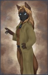 abstract_background anthro biped blue_eyes cigarette clothing coat female hair long_hair looking_at_viewer simple_background smoke smoking solo standing tail topwear bradydalton canid canine canis domestic_dog mammal hi_res