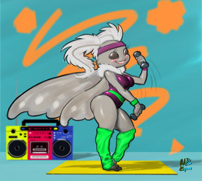 accessory aerobics antennae_(anatomy) anthro athletic_wear black_eyes blush boombox breasts clothed clothing exercise exercise_clothing eyelashes eyes_closed female fitness fully_clothed grin headband leg_warmers legwear leotard non-mammal_breasts pose pseudo_hair smile solo sweatband weightlifting wings workout workout_clothing wristband yoga_mat napalm_express arthropod insect lepidopteran moth