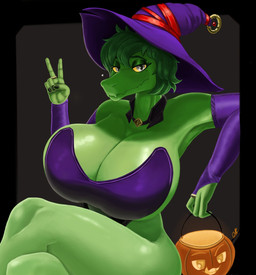anthro arm_warmers armwear big_breasts breasts cleavage clothed clothed_anthro clothed_female clothing curvy_figure eyelashes female female_anthro freckled_face freckles glistening_eyelids green_body green_scales hat headgear headwear huge_breasts jack-o'-lantern leotard long_eyelashes looking_at_viewer mature_anthro mature_female non-mammal_breasts pose scales solo tight_clothing witch_costume witch_hat xzelt18 cavemanon_studios i_wani_hug_that_gator olivia_halford baryonyx dinosaur prehistoric_species reptile saurischian scalie spinosaurid theropod colored detailed digital_drawing_(artwork) digital_media_(artwork) hi_res