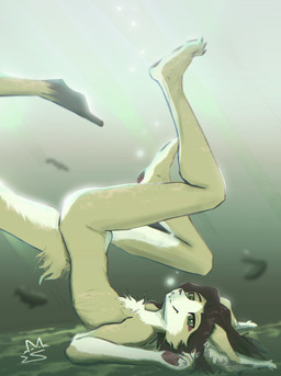 4_toes anthro brown_hair feet fish_tail fur green_eyes hair male nude plantigrade red_sclera shark_tail solo toes underwater water yellow_body yellow_fur miauseph seph_pavel aquatic fish paleen absurd_res hi_res