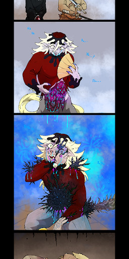 black_hair blonde_hair blood blood_from_eye blood_from_mouth blood_in_mouth blood_on_face blue_blood blue_claws blue_hair blue_hair_tips bodily_fluids claws clothing colored_blood corpse death demon_slayer_uniform fangs female flower fog gore group guts hair hallucination holding_fan holding_melee_weapon holding_object holding_sword holding_swords holding_weapon long_hair male melee_weapon multicolored_eyes organs parasitic_plant plant plant_tail pointy_ears poisoned ponytail purple_blood purple_guts rainbow_eyes red_clothing red_shirt red_topwear scared shirt shirtless smile sword tail teeth text topwear trio tsuyuri_kanao unusual_blood unusual_bodily_fluids weapon wounded yellow_tail puppetmaster13uwu demon_slayer kimetsu_no_yaiba doma_(demon_slayer) inosuke_hashibira demon human humanoid mammal tailed_humanoid cel_shading shaded