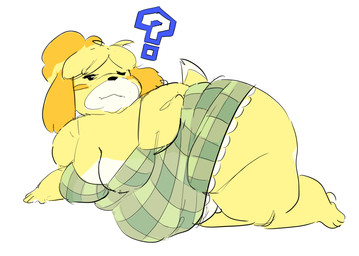 anthro bangs barefoot belly big_belly black_eyes black_nose blonde_hair breasts checkered checkered_clothing cheek_bulge cleavage clothed clothing dress featureless_crotch feet female floppy_ears fupa fur green_clothing green_dress hair half-closed_eyes lying medium_breasts narrowed_eyes nightgown on_side overweight overweight_anthro overweight_female pattern_clothing ponytail question_mark scut_tail short_tail simple_background solo tail thick_thighs waking_up white_background white_face wide_hips yellow_body yellow_fur creamtreats animal_crossing nintendo isabelle_(animal_crossing) canid canine canis domestic_dog mammal shih_tzu toy_dog 2025 hi_res widescreen