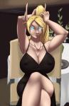 big_breasts blonde_hair blue_eyes breasts chair cleavage clothed clothing crossed_legs dress female furniture glowing glowing_eyes hair huge_breasts looking_at_viewer nipple_outline not_furry ponytail simple_background sitting solo table tight_clothing furball blizzard_entertainment warcraft high_elf humanoid 2019