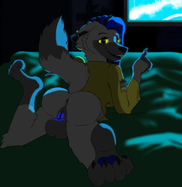 anthro anus backsack balls blue_hair bottomless breasts brown_eyes butt clothed clothing fur genitals glowing glowing_eyes glowing_genitalia glowing_vulva grey_body grey_fur hair herm intersex looking_at_viewer looking_back looking_back_at_viewer piercing rear_view solo vulva yellow_sclera weenpeen aurelia_(weenpeen) canid canine canis mammal wolf hi_res