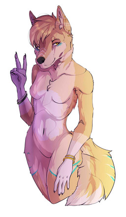 5_fingers anthro black_nose bracelet breasts chest_tuft claws ear_piercing eyebrows eyelashes featureless_breasts female finger_claws fingers gesture hand_gesture inner_ear_fluff jewelry navel nude piercing simple_background smile solo standing stripes tuft v_sign white_background yellow_eyes sagetheforgotten canid canine canis domestic_dog mammal 2019 digital_media_(artwork) hi_res source_request unavailable_at_source