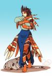 5_fingers ambiguous_gender anthro barefoot black_hair blue_eyes clothed clothing duo feet female fingers gradient_background hair simple_background smile young kittydee fish lionfish marine scorpaeniform digital_media_(artwork) hi_res shaded