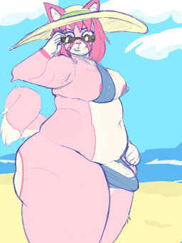 anthro areola beach belly big_breasts big_butt bikini bikini_bottom bikini_top breasts bulge butt clothed clothing erection eyewear fur genitals gynomorph hair hat headgear headwear humanoid_genitalia intersex looking_at_viewer multicolored_body navel nipples organs overweight overweight_gynomorph overweight_intersex penis pink_areola pink_body pink_fur pink_hair solo stomach stretched_clothing sun_hat sunglasses swimwear tail two-piece_swimsuit white_penis pickleticklr cherry_(pickleticklr) canid canine mammal 3:4 absurd_res colored_sketch guide_lines hi_res sketch