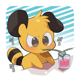 beverage blush bodily_fluids brown_eyes drinking_straw heart_symbol silly_straw solo sweat text ichthy0stega 2016 character_request japanese_text