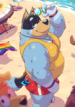 anthro asexual_pride_colors barazoku beach beach_umbrella bear_pride_colors bedroom_eyes belly biceps big_belly big_muscles bisexual_pride_colors blush bulge butt claws clothing day eyebrows eyewear eyewear_on_head footwear fur furgonomics group high-angle_view jewelry key lgbt_pride looking_at_viewer male musclegut muscular muscular_anthro muscular_male narrowed_eyes necklace nipple_outline outside parasol pecs polyamory_pride_colors pride_colors rainbow_pride_colors sand sandals seductive shadow shoes smile solo_focus speedo standing subculture_pride_colors summer sunglasses sunglasses_on_head swimwear thick_arms thick_thighs tight_clothing towel tuft vincian_pride_colors water wristband digitslayer bluey_(series) lgbt_pride_month bandit_heeler pat_(bluey) australian_cattle_dog bird_dog canid canine canis cattledog domestic_dog herding_dog hunting_dog labrador mammal pastoral_dog retriever 2025 hi_res