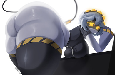 angry anthro big_breasts big_butt breasts butt female looking_at_viewer looking_back machine pose solo solo_focus solo_in_panel thick_thighs alaki_zezo glitch_productions murder_drones v_(murder_drones) robot absurd_res hi_res pinup