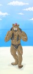 abs anthro beach bear biceps blush bulge clothed clothing deltoids embarrassed facial_hair goatee hi_res male mammal manly mohawk muscular muscular_thighs navel obliques pecs seaside solo speedo speedo_only swimwear taoren topless towel towel_around_neck triceps