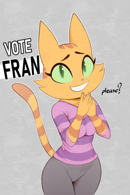 5_fingers anthro arms_bent asking asking_viewer big_breasts big_ears big_eyes biped black_eyebrows black_text bottomwear breasts cheek_tuft clothed clothed_anthro clothed_female clothing dialogue eyebrows eyelashes facial_markings facial_tuft female fingers fully_clothed fully_clothed_anthro fully_clothed_female fur fur_tuft glistening glistening_eyes green_eyes green_sclera grey_background grey_bottomwear grey_clothing grey_pants hands_together head_markings humanoid_hands iris leggings legs_together legwear long_eyelashes looking_at_viewer markings mature_anthro mature_female no_pupils orange_body orange_ears orange_fur orange_stripes orange_tail outline pants pattern_clothing pattern_shirt pattern_t-shirt pattern_topwear pink_nose pointy_ears prick_ears purple_clothing purple_shirt purple_t-shirt purple_topwear shirt simple_background small_nose smile smiling_at_viewer solo standing striped_arms striped_body striped_clothing striped_face striped_fur striped_markings striped_shirt striped_t-shirt striped_tail striped_topwear stripes t-shirt tail tail_markings talking_to_viewer teeth text textured_background thick_thighs topwear tuft vote white_outline white_text wide_hipped_anthro wide_hipped_female wide_hips cutegraphite /co/ 4chan litterbox_comics fran_(litterbox_comics) domestic_cat felid feline felis mammal 2025 2:3 character_name digital_drawing_(artwork) digital_media_(artwork) english_text hi_res portrait three-quarter_portrait