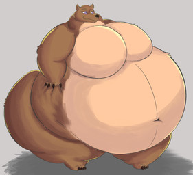 anthro belly big_belly big_butt brown_body brown_fur butt female fur hyper morbidly_obese navel obese obese_anthro overweight overweight_anthro purple_eyes simple_background smile solo standing wide_hips volume_(artist) bear mammal ursine hi_res
