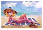 anthro beach blinking blonde_hair blush breasts clothing detailed_background eyelashes female footwear hair hat headgear headwear nipples nude open_mouth outside pink_body sand seaside sky smile solo tongue tongue_out water redsmock ape_escape sony_corporation sony_interactive_entertainment pink_monkey haplorhine mammal monkey primate absurd_res digital_media_(artwork) hi_res