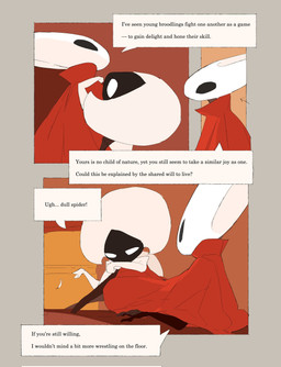 anthro bedroom biped black_body black_eyes cloak clothed clothing detailed_background dialogue duo empty_eyes female female/female female_anthro female_humanoid inside lying mouthless narrowed_eyes on_back red_cloak red_clothing sitting speech_bubble talking_to_another text white_body white_eyes justdog hollow_knight:_silksong hollow_knight_(franchise) team_cherry hornet_(hollow_knight) lace_(hollow_knight:_silksong) arthropod humanoid 2025 comic english_text hi_res