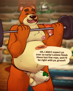 anthro balls belly bodily_fluids brown_body brown_fur bulge clothing dialogue erection erection_under_clothing exercise eyes_closed fur genitals header header_box humanoid_hands jockstrap male moobs nipples overweight overweight_anthro overweight_male penis solo sweat talking_to_viewer text text_header underwear workout daxhush animal_crossing nintendo teddy_(animal_crossing) bear mammal 2020 english_text