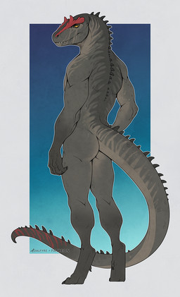 anthro butt claws digitigrade grey_body grey_scales long_tail male male_anthro mouth_closed nude nude_male scales sharp_teeth simple_background solo standing tail teeth text yellow_eyes adalfyre allosaurid allosauroid allosaurus dinosaur prehistoric_species reptile saurischian scalie theropod artist_name digital_media_(artwork) hi_res