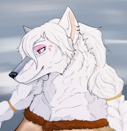 anthro braided_hair breasts clothed clothing ear_piercing female female_anthro fur hair jewelry makeup piercing pink_eyes smile solo white_body white_fur white_hair furrymammy canid canine canis mammal wolf hi_res