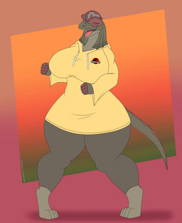 anthro big_butt butt clothed clothing curvy_figure dancing eyes_closed female hoodie music simple_background smile solo topwear wide_hips photolol.03 riamay_(photolol.03) dilophosaurid dilophosaurus dinosaur prehistoric_species reptile saurischian scalie theropod animated flat_colors hi_res long_playtime loop sound video