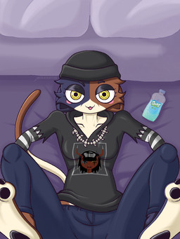 anthro barefoot beanie bed black_eyeshadow black_pawpads blush blush_stickers bottle bottomwear clothed clothed_anthro clothed_female clothing container denim denim_bottomwear denim_clothing ears_down eyelashes eyeshadow facial_tuft feet feet_up female female_anthro fully_clothed fully_clothed_anthro furniture glistening_eyelids hat headgear headwear high-angle_view jeans liquid long_eyelashes lube lying makeup on_back open_mouth pants pawpads paws pillow pivoted_ears solo tail toes tuft yellow_eyes mex.ratzattak epic_games fortnite meow_skulls calico_cat domestic_cat felid feline felis mammal 3:4