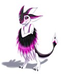 2019 3_ears ambiguous_gender anthro avali biped black_sclera black_toe_claws blush claws crossed_arms feathers hi_res kasari_(excylis) markings monotone_legs mouth_closed multicolored_body multicolored_feathers purple_eyes purple_markings shadow shy_expression simple_background smile solo tail toe_claws tuwka white_background white_inner_ear white_legs