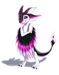 3_ears ambiguous_gender anthro biped black_sclera black_toe_claws blush claws crossed_arms feathers markings monotone_legs mouth_closed multicolored_body multicolored_feathers purple_eyes purple_markings shadow shy_expression simple_background smile solo tail toe_claws white_background white_inner_ear white_legs tuwka kasari_(excylis) avali 2019 hi_res