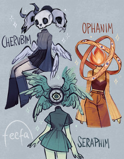 1_eye 3_heads 6_wings bone boots bottomwear cat_skull clothed clothing dress elemental_manipulation fangs female fire fire_manipulation floating_head footwear for_a_head fully_clothed group horn multi_eye multi_head multi_wing not_furry shoes skirt skull skull_head sweater teeth topwear trio turtleneck wings feefal cherubim_(feefal) ophanim_(feefal) seraphim_(feefal) actually_biblically_accurate_angel angel angel_humanoid biblically_accurate_angel bovid bovine cherub cherubim felid humanoid hybrid hybrid_humanoid mammal object_head ophan seraph_(angel) hi_res