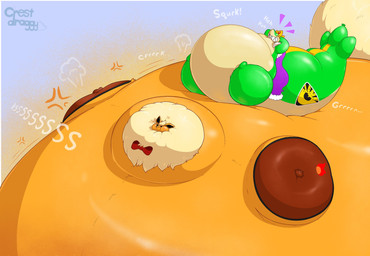 air_inflation angry cross-popping_vein fur hyper hyper_inflation immobile inflatable inflation onomatopoeia orange_body orange_fur red_bow shadow sitting sitting_on_another sound_effects text crestdraggy nintendo pokemon qing_(arizona) smugleaf_(character) animate_inanimate eeveelution flareon generation_1_pokemon generation_5_pokemon living_inflatable pokemon_(species) snivy 2026 hi_res