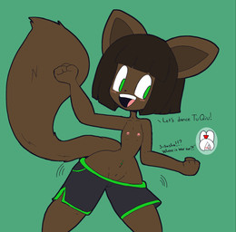anthro black_hair blush blush_lines bottomwear breasts brown_body brown_fur clothed clothing dancing dialogue duo female flat_chested fur green_background green_eyes hair navel navel_piercing nipples open_mouth piercing pink_nipples ponytail ponytail_ears shorts simple_background small_breasts smile solo_focus tail text thick_thighs topless white_eyes wide_hips usagibun1 sasha_(dreameclipsewolf) tuqiu_(usagibun1) domestic_cat felid feline felis lagomorph leporid mammal rabbit 2024 digital_media_(artwork) english_text hi_res