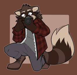 anthro big_tail boots bottomwear brown_background brown_body brown_fur camera clothed clothed_anthro clothed_male clothing dipstick_tail ear_piercing eyebrows footwear fully_clothed fully_clothed_anthro fully_clothed_male fur grey_bottomwear grey_clothing grey_pants grey_shirt grey_topwear huge_tail jacket kneeling male male_anthro markings on_one_knee pants pattern_clothing pattern_shirt pattern_topwear piercing plaid plaid_clothing plaid_shirt plaid_topwear red_clothing red_jacket red_topwear shirt shoes simple_background solo striped_markings striped_tail stripes tail tail_markings topwear white_tail_tip khaithebear mammal procyonid raccoon hi_res